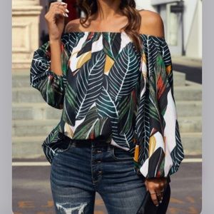 Leaves elastic off the shoulder lantern sleeve top
